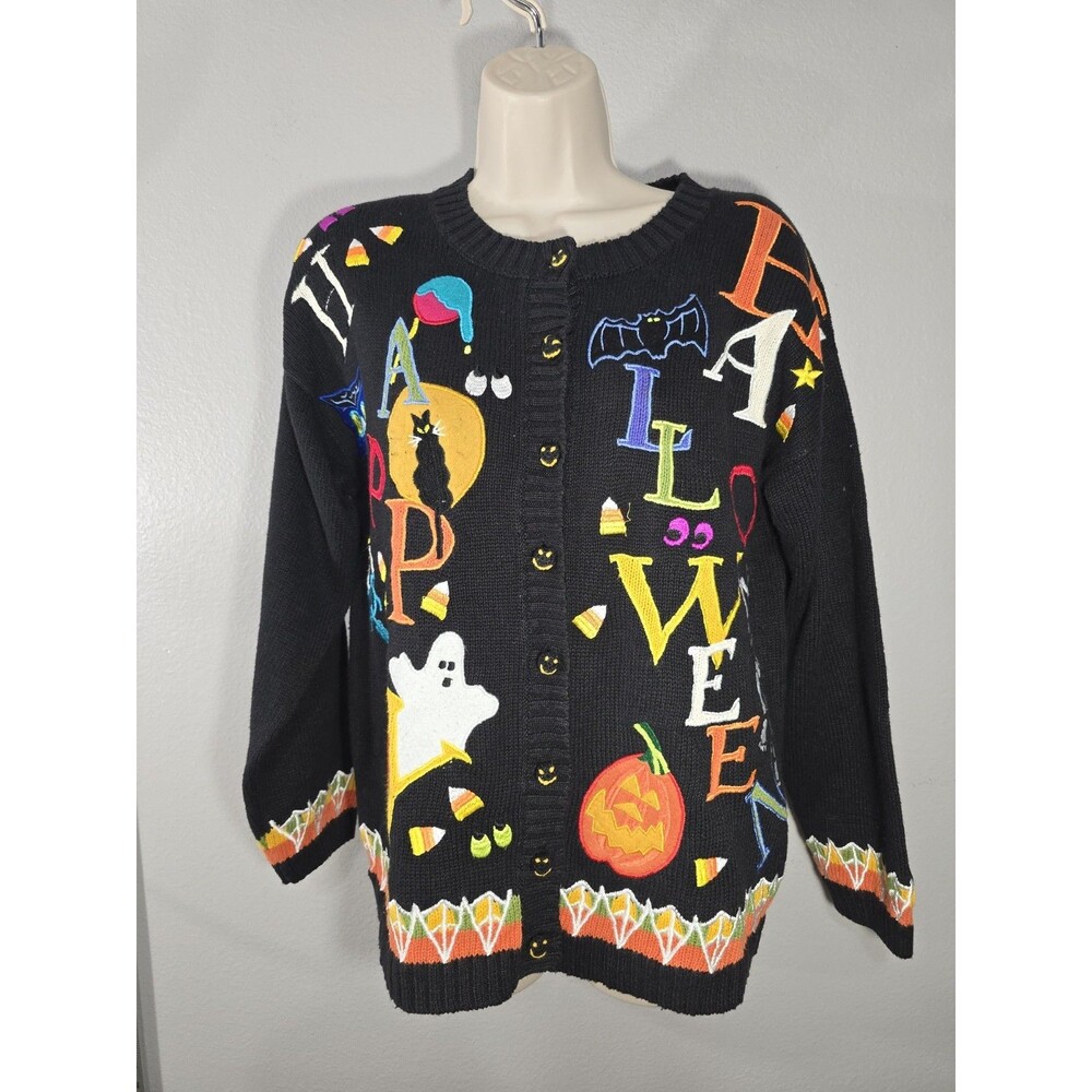 Vintage Tiara Halloween SPELLOUT Cardigan Sweater Pumpkin Ghost Black Small